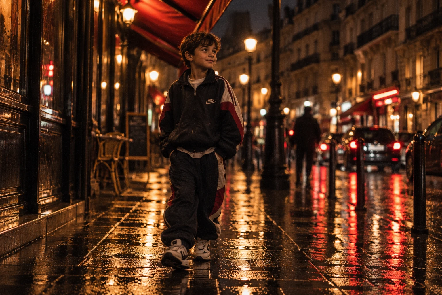 Modelo infantil con ropa de deporte vintage en una calle nocturna