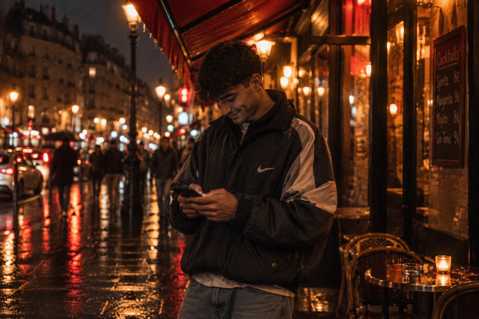Persona sonriendo mientras escribe un mensaje desde el móvil en una calle nocturna
