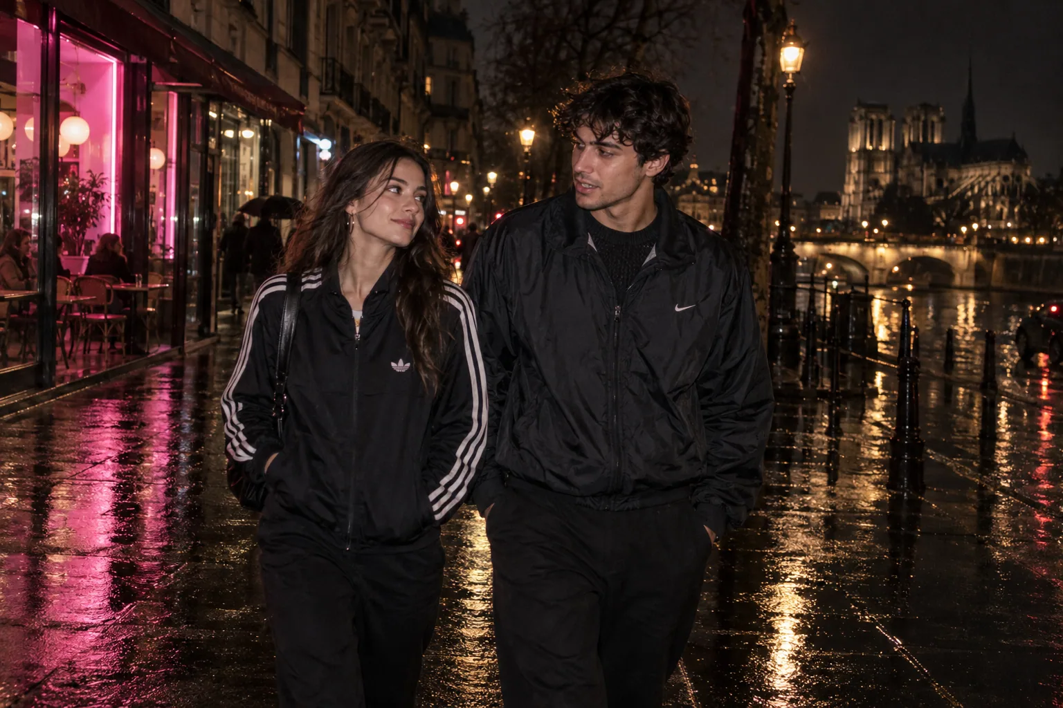 Dos modelos con prendas deportivas vintage junto a una calle mojada