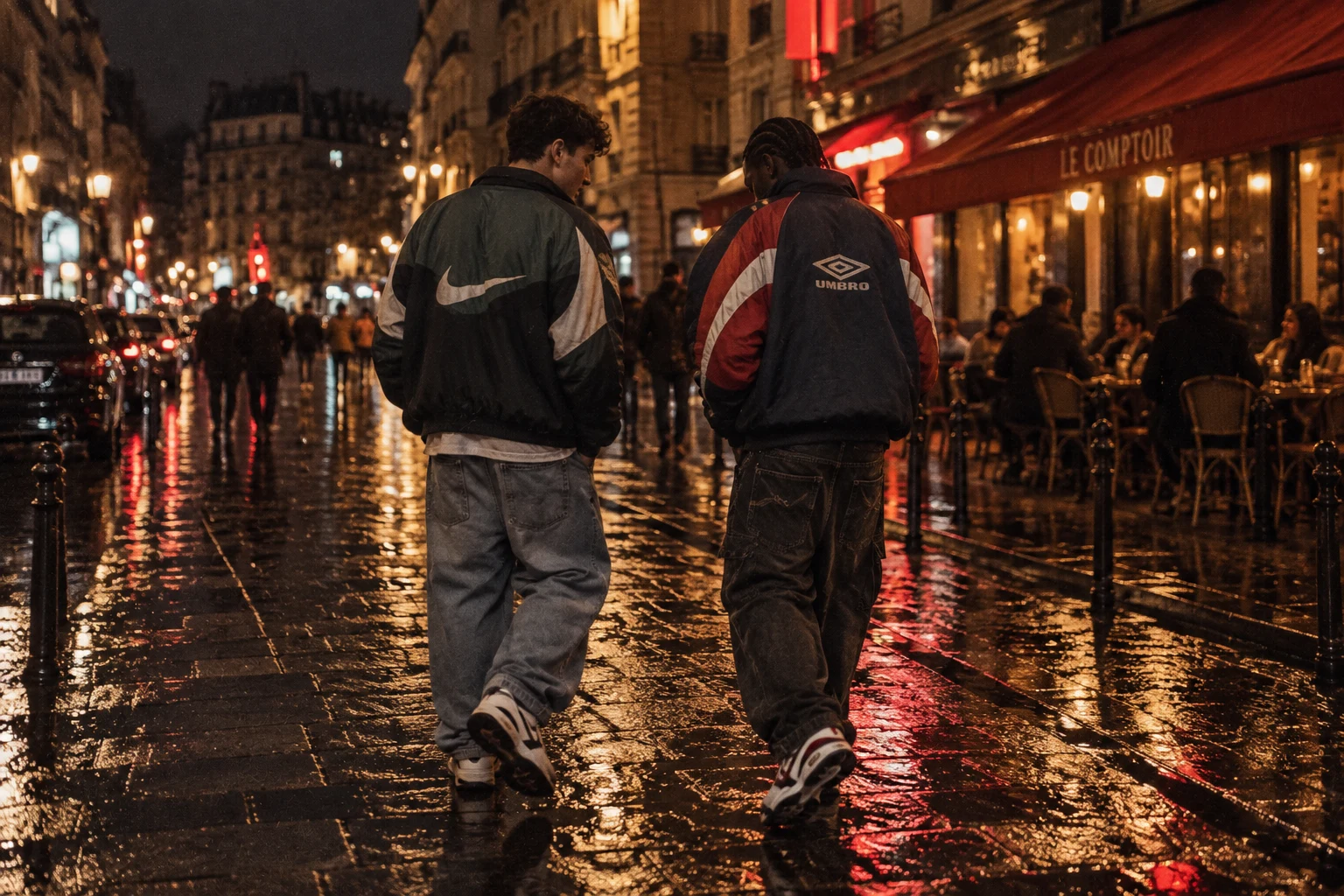 Dos amigos caminando de espaldas con chaquetas vintage deportivas